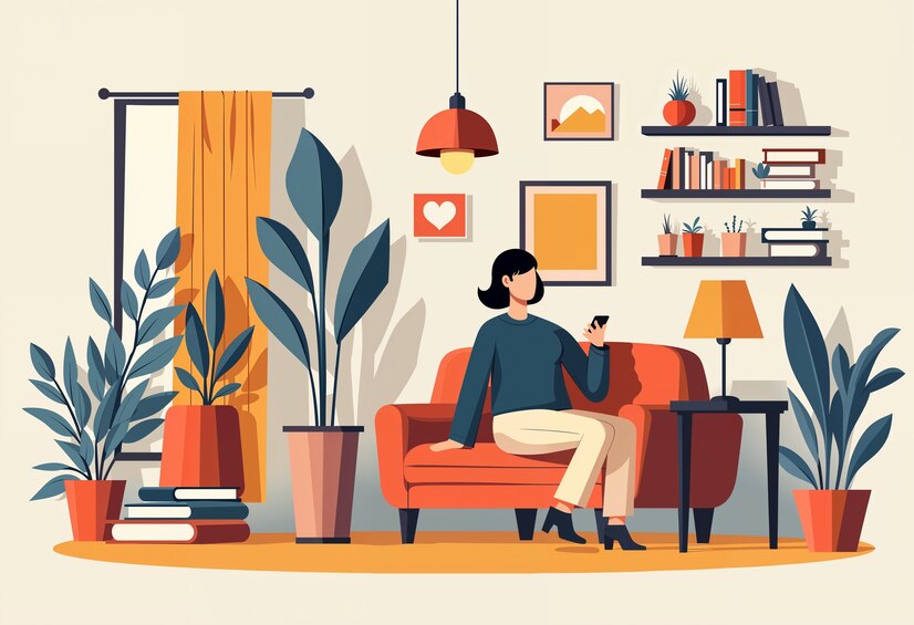 Illustration of a stylish and cozy home interior, showcasing different decor styles.